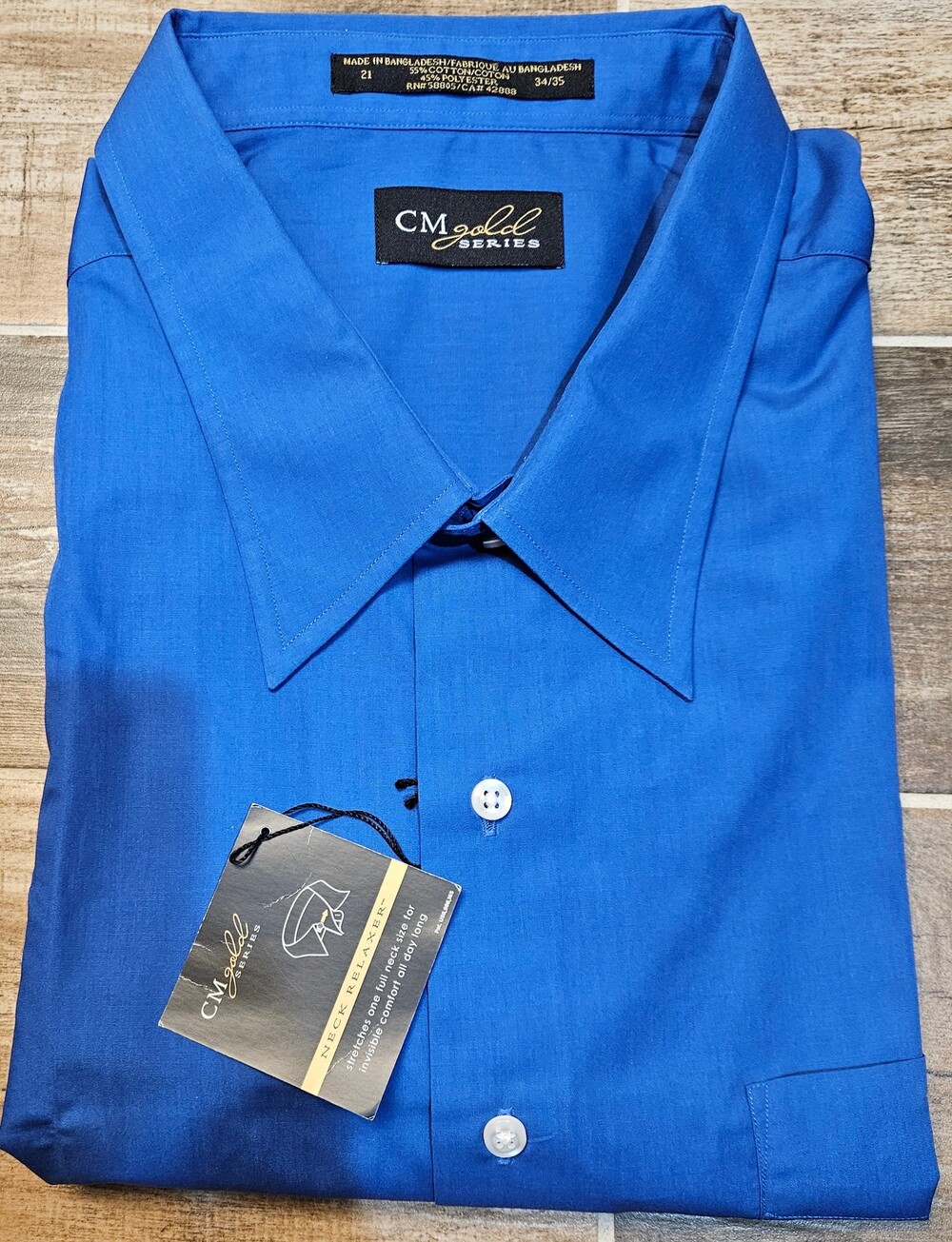 NWT CM Gold Series Men's Dress Shirt Size 21 34 35 Royal Blue Stretch Neck